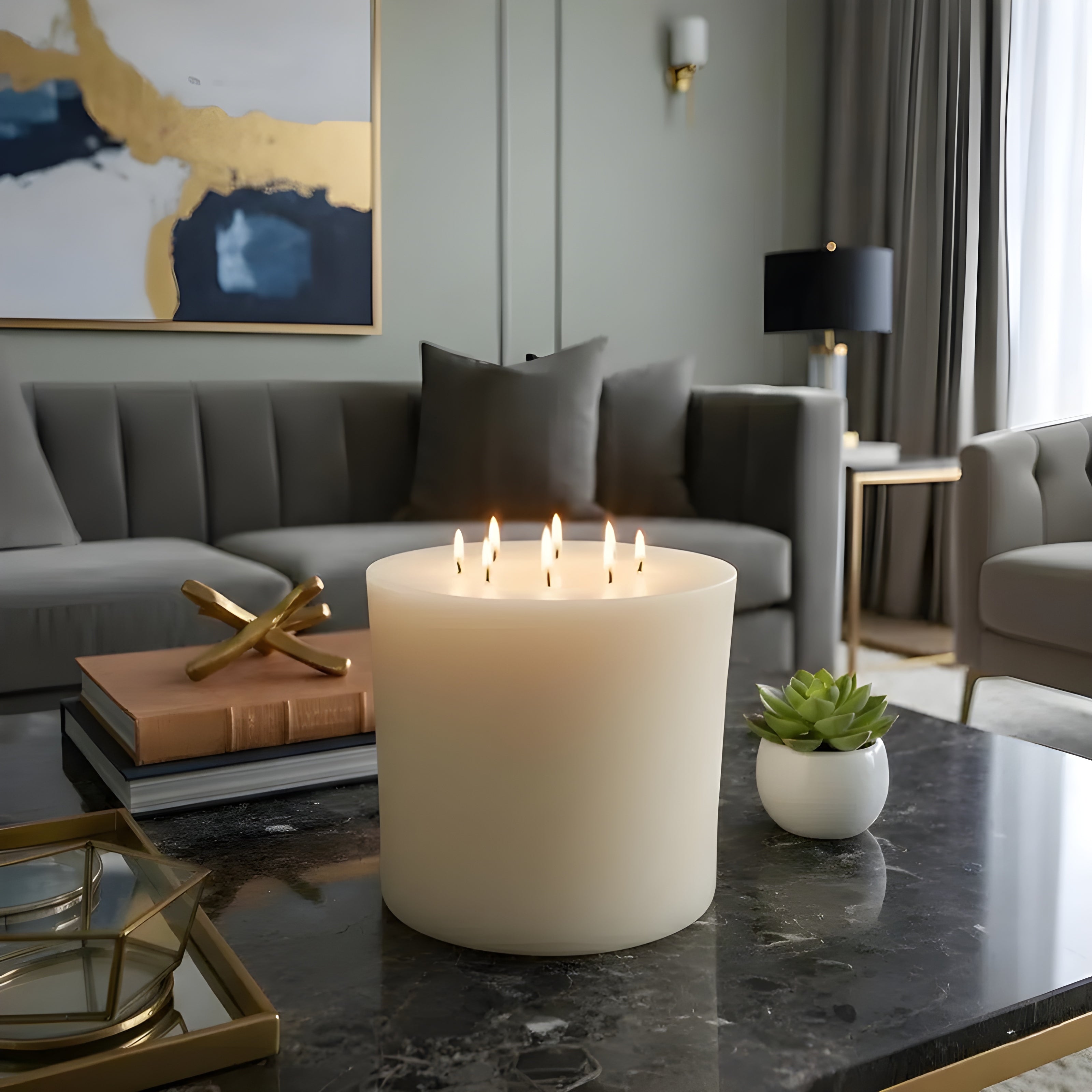 Bonfire White Beeswax Candle Eight-Wick Luxury Statement Pillar 9″ Tall 8″ Wide