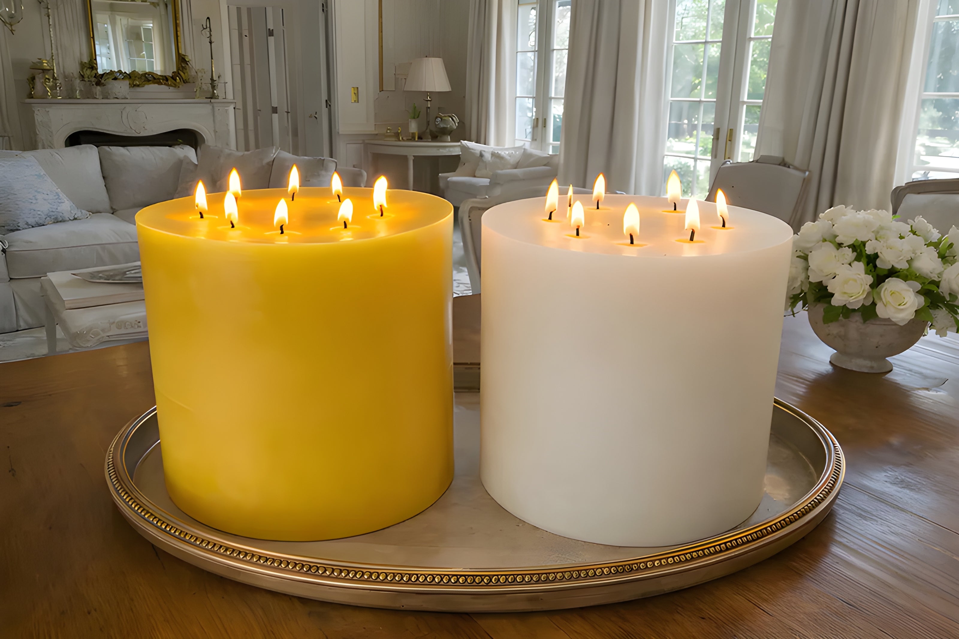 Bonfire White Beeswax Candle Eight-Wick Luxury Statement Pillar 9″ Tall 8″ Wide