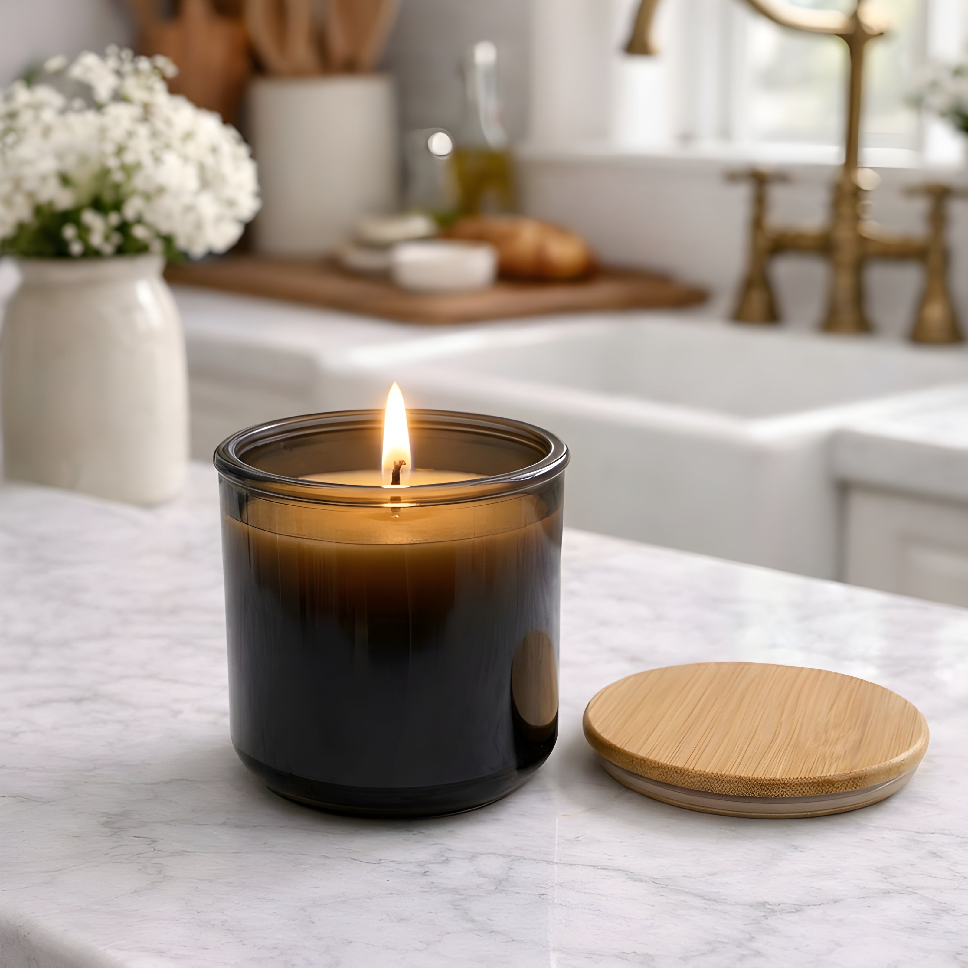 Beeswax Candle Poured in USA in 10 oz Black Colored Recycled Spanish Glass Jar with Bamboo Lid