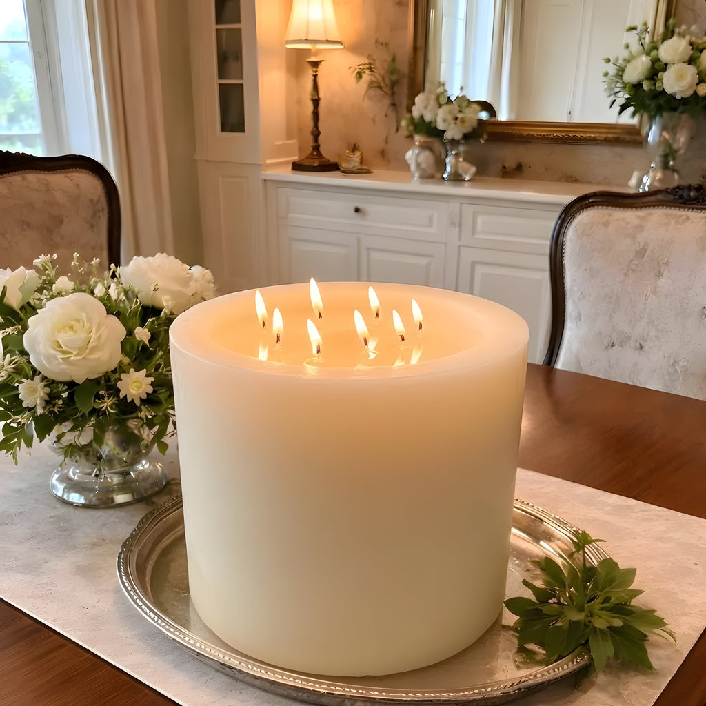 Bonfire White Beeswax Candle Eight-Wick Luxury Statement Pillar 9″ Tall 8″ Wide